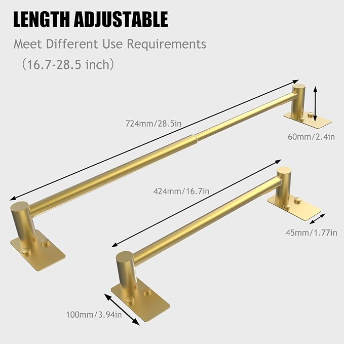 Adjustable Towel Bar, 16.7inch to 28.5inch Towel Racks for Bathroom, Self Adhesive Towel Rack Wall Mounted, 304 Stainless Steel Stick on Bathroom Towel Rod (Brushed Gold, 2 Pack)