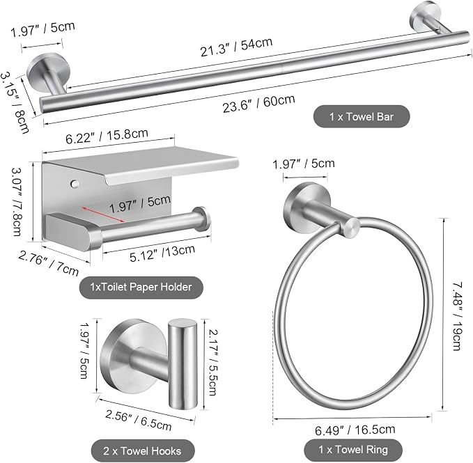 TURS Brushed Nickel 5-Piece Bathroom Hardware Set Towel Bar Set SUS304 Stainless Steel Towel Racks for Bathroom Wall Mounted, 23.6-Inch