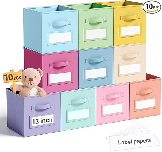Teenyyou 10 Pack Fabric Storage Cubes 13 Inch Collapsible Cube Bins with Label Window & Handle Foldable Organizers Baskets for Shelf Closet Nursery Kids Room Clothes Book Toy(Macaroon)