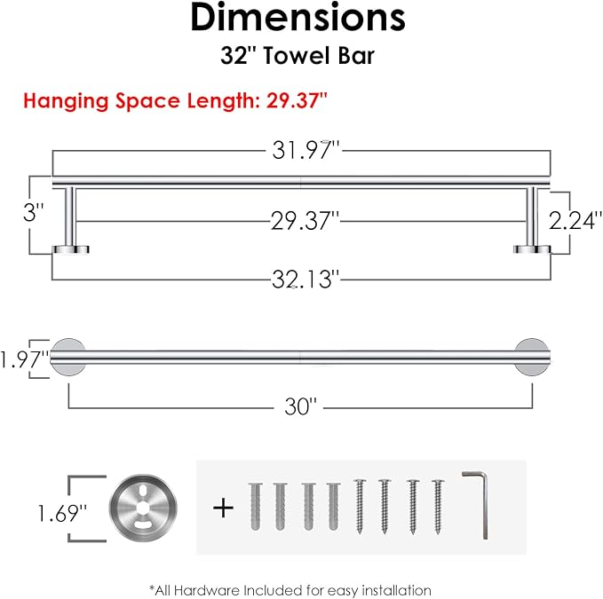FORIOUS Towel Bar 30" Towel Racks for Bathroom Wall Mounted Chrome | Total Length 32 Inch, Rustproof, Stainless Steel Towel Holder, Wall Mounted for Bathroom Bedroom, Heavy Duty, Space Saving