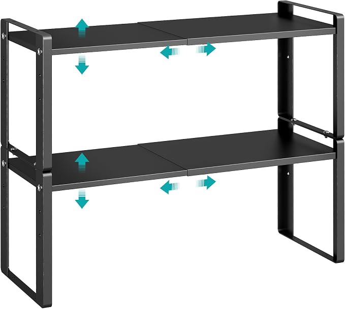 2 Pack Expandable Cabinet Organizer Shelves, 88lbs High Weight Capacity, Stackable Heavy-Duty Metal Storage Rack, Adjustable Cabinet Shelf for Kitchen, Pantry, Cupboard, Under Sink, Black