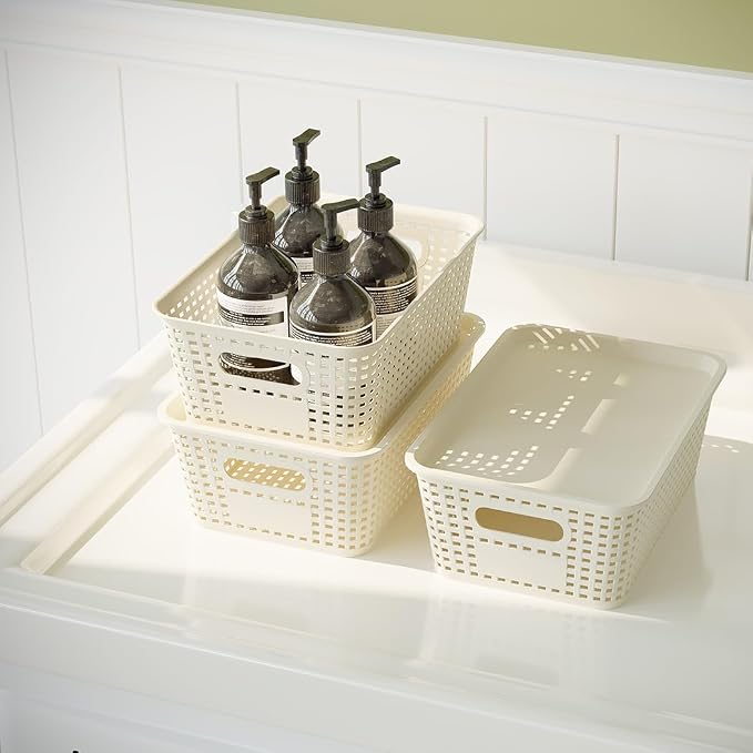 Resze 6 Pack Plastic Breathable Storage Baskets with Lids, White | Organizer Bins& Containers for Pantry, Desktops, Cabinet, Closet, Offices Organization Toys, Space Saving, Easy-Carry Handles