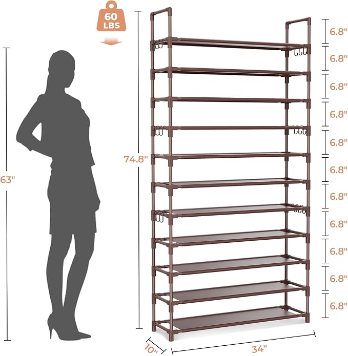 LANTEFUL 11 Tiers Tall Shoe Rack Holds 55 Pairs of Shoes with 18pcs Hooks Sturdy Wide Shoe Organizer Storage Free Standing Metal Shoe Shelf for Closet, Entryway Brown