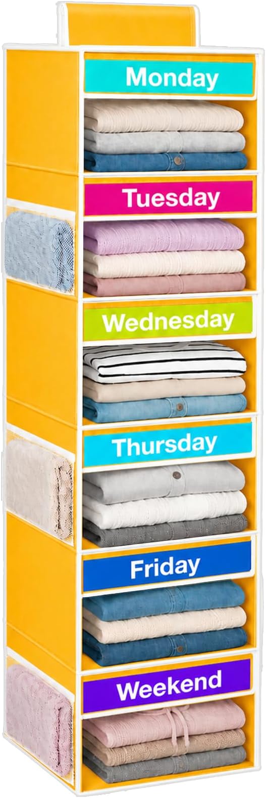 Weekly Clothes Organizer for Closet, 6-Shelf Hanging Closet Organizer with 6 Side Pockets(Yellow)