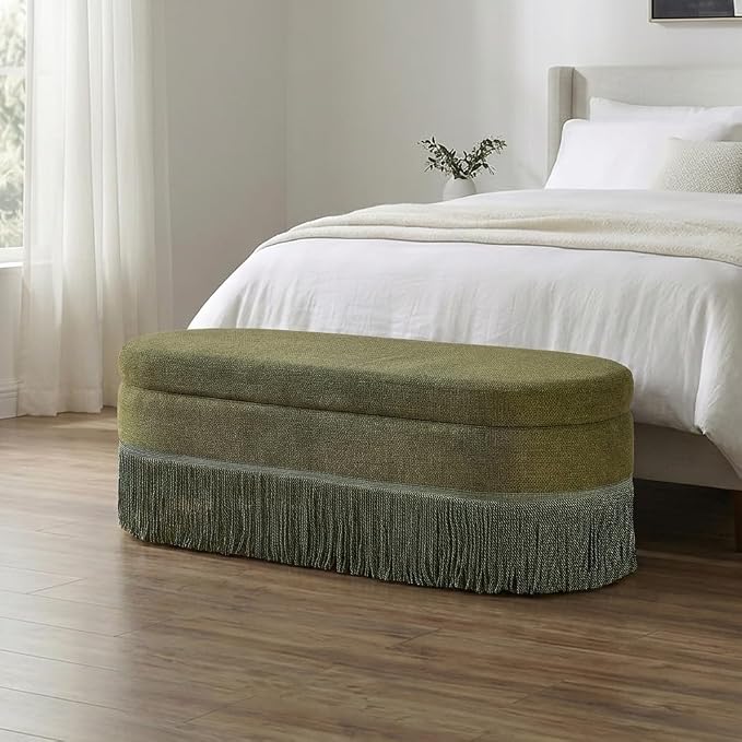 39.4“ Boho Storage Ottoman Bench with Tassels,Upholstered End of Bed Bench | Linen Oval Ottoman with Storage, Entryway Foot Rest for Bedroom, Lift-Top Lid with Safety Hinge, Living Room& Window, Green