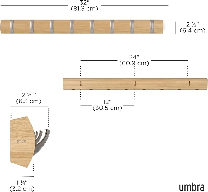 Umbra Flip Coat Rack, Wall Mount 8-Hook, Space Saving, Natural/Nickel | Real wood and steel build, retractable hooks fold flat, holds coats bags and scarves, easy install