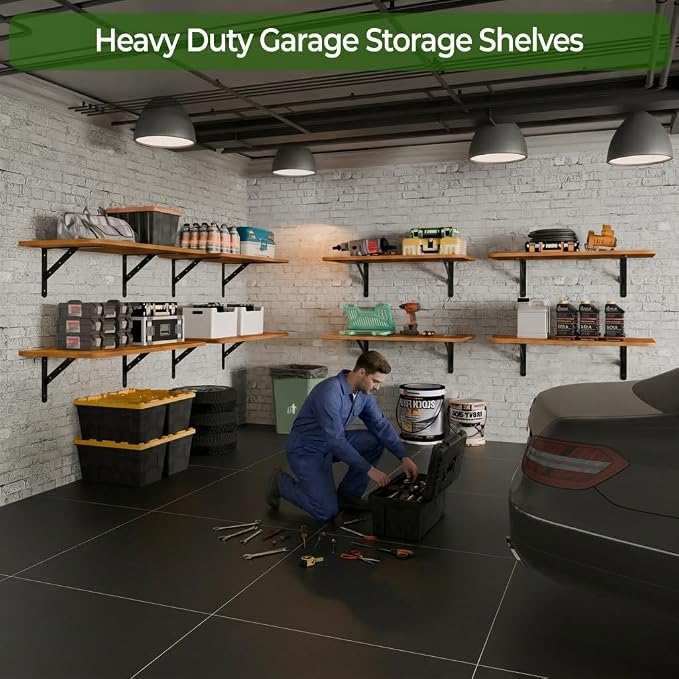 Dogsky 2-Pack Garage Storage Shelving Wall Mounted, 3x2Ft (36x24In) Heavy Duty Wood Floating Wall Shelf, 300lbs Capacity Shelves for Garage, Closets, Utility Rooms and Kitchens, Teak