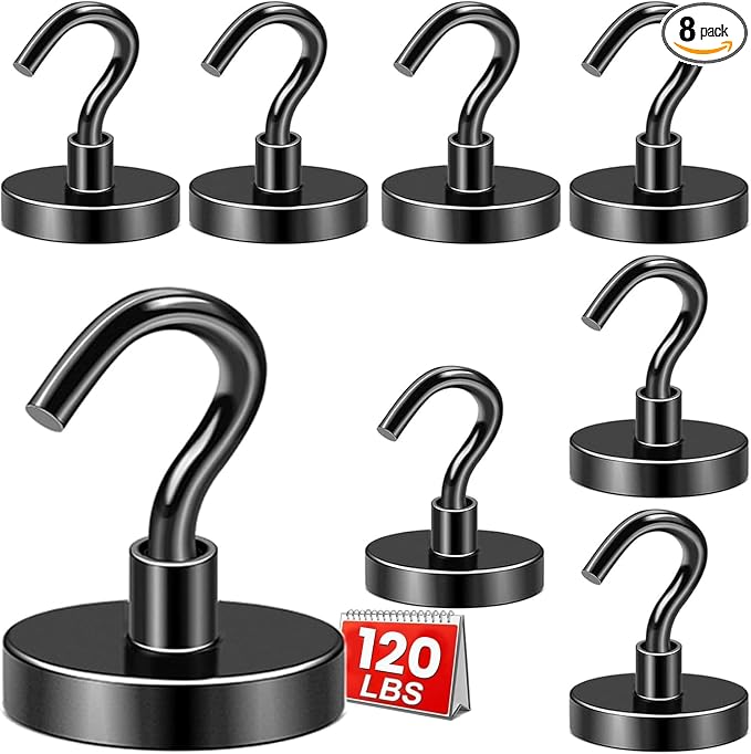 DIYMAG Magnetic Hooks 8pcs 120lbs Cruise Essentials 2026 Magnet Hook Black | Neodymium Heavy Duty Strong Magnets Hanging Ship Cabins Refrigerator Fridge Classroom Beach Vacation Kitchen Grills Home Tool
