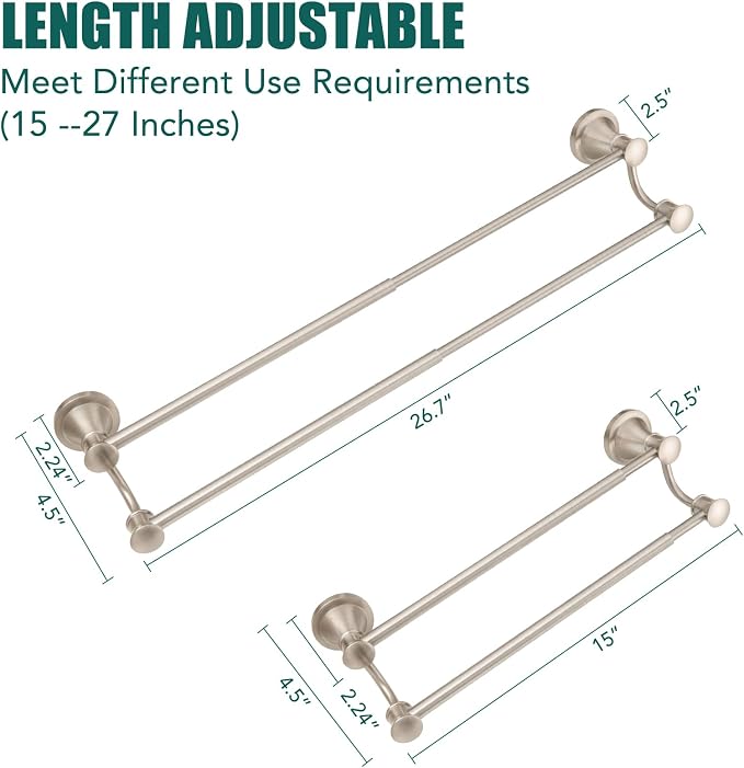 Hoimpro Double Towel Bar Towel Rack for Bathroom Wall Mount Brushed Nickel | Adjustable 16-26 In,Wall Mounted Towel Holder, Stainless Steel, Rustproof, Towel Bar Rod Hanger Hardware Accessories Hotel