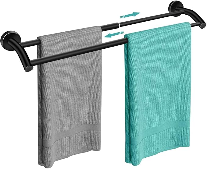 MGahyi Black Telescopic Double Towel Bar Wall Mount 14.5-24.8Inch | Rustproof Towel Rack with Widened Spacing, Scratch-resistant & Durable for Bathroom Kitchen RV