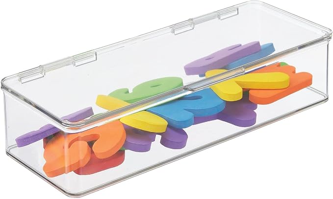 mDesign Long Plastic Playroom/Gaming Storage Organizer Box Containers with Hinged Lid for Shelves or Cubbies, Holds Small Toys, Building Blocks, Puzzles, Markers, Controllers, Crayons, 2 Pack, Clear