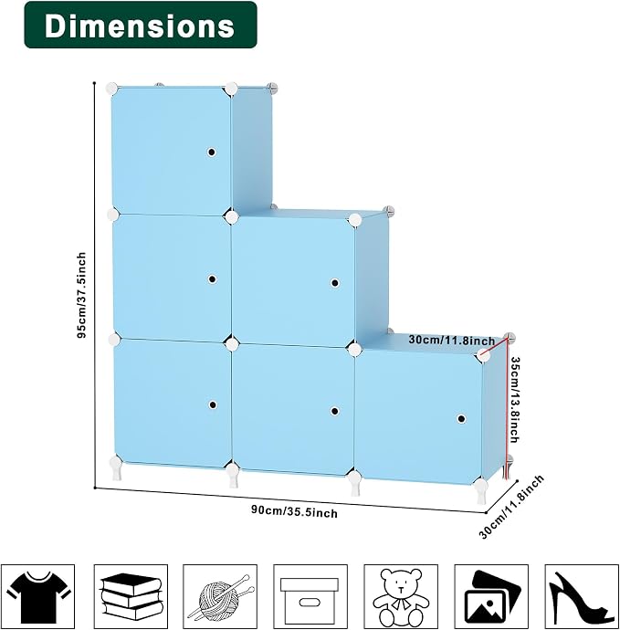 6Cube Storage Organizer Modular Stackable with Doors Blue | Sturdy plastic 6-cube cabinet with doors, 30x30x30cm per cube, tool-free snap assembly, ideal for bedroom, stairs, closet.