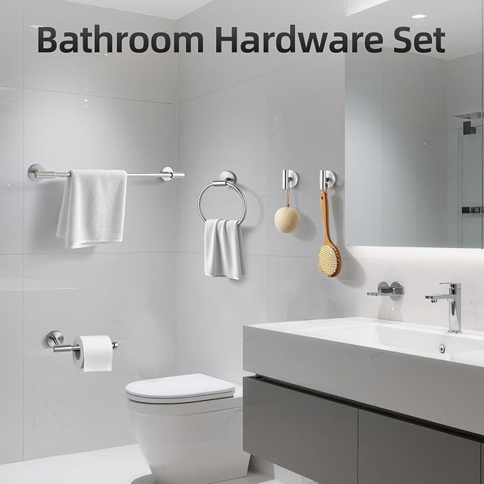 Brushed Nickel Bathroom Hardware Set 5 PCS, Towel Bar Set Brushed Nickel, Bathroom Accessories Fixtures Stainless Steel, Towel Racks for Bathroom, Bathroom Towel Holders, Towel Hooks & Rings, 19in