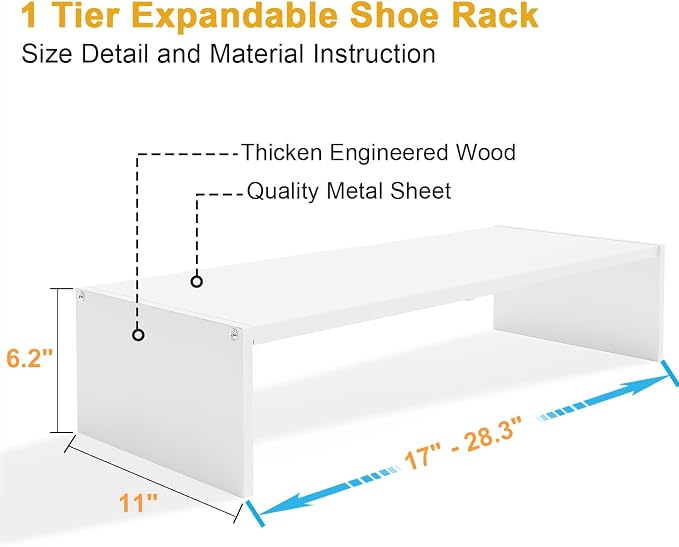 Cidaziya Expandable 1 Tier Shoe Rack for Shoe Cabinet, 1 Tier Stackable White Shoe Shelf Organizer for Closet, Sturdy Metal and Wood Structure, Hold 4-6 Pairs of Shoes