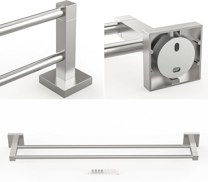 RUACQ Double Towel Bar, 24 Inch Towel Racks for Bathroom Wall Mounted, 304 Stainless Steel Bath Towel Rod with Square Base(Brushed Nickel)