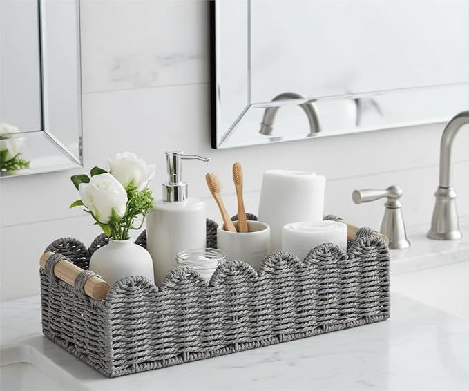 CubesLand Scalloped Toilet Paper Storage Basket W/Handle for Home Decor | Paper Rope Toilet Organizer Basket for Countertop, Over Toilet Shelf, End Table, Living Room Cozy Decorative & More, Grey