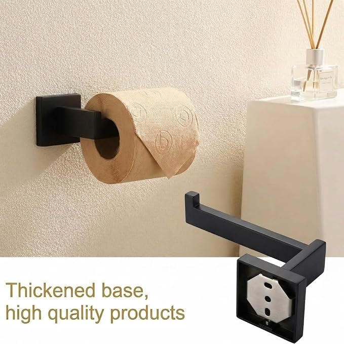 5-Piece Bathroom Hardware Set, 23.6 in Towel Bar, Matte Black | SUS304 stainless steel, 55 mm square bases, concealed screw mount, towel ring, toilet paper holder, 2 robe hooks