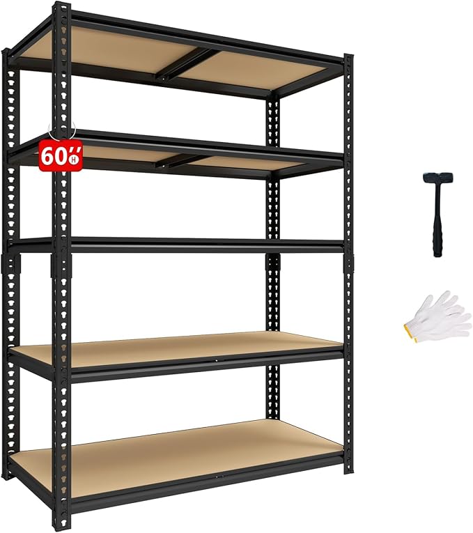 60" H Heavy Duty Storage Shelves, 2400LBS Capacity Metal Shelving Unit, Adjustable Garage Shelves & Organizer with Overlap Design for Home Garage Warehouse Storage Shop,Black