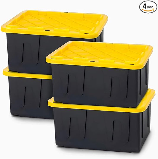 HOMZ 4-Pack Durabilt Tote, Heavy Duty Plastic Storage Bins with Lids, 15 Gallon, Black/Yellow - Stackable Organizing Containers for Home, Garage, and Office
