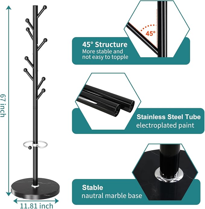OIRUMIE Coat Rack,Metal Coat Rack Frestanding,Black Coat Stand for Entryway | Coat Rack Stand with Marble Base & Umbrella Holder,Modern Coat Hanger Stand,Coat Clothes Tree Stand for Hallway,Office