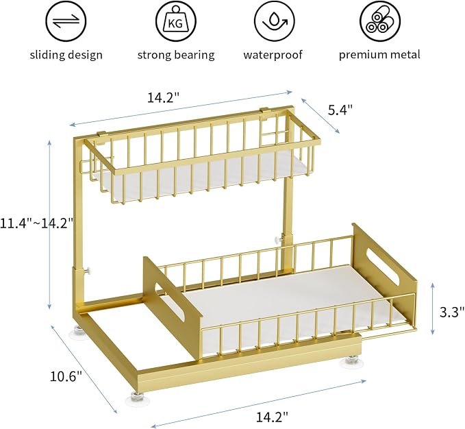 Saydear L-Shaped Under Sink Organizer, 2-Tier Pull-out Cabinet Rack 1-Pack | Gold Height-Adjustable Steel Rack, Sliding Grid Drawers with PP Liners, Holds 100 Lbs, Suction Base, Ideal Kitchen Storage