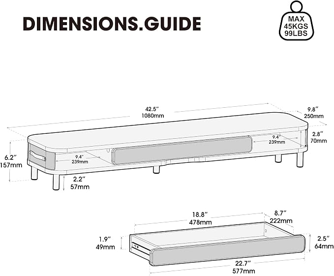Fenge Dual Monitor Stand with Large Storage Drawer, 42.5" Dsek Shelf, Black | Slide-Out Drawer with Soft Touch Leather, Ergonomic Monitor Riser, Aluminum leg, 2-Tier Desk Organizer for Laptop, TV, PC