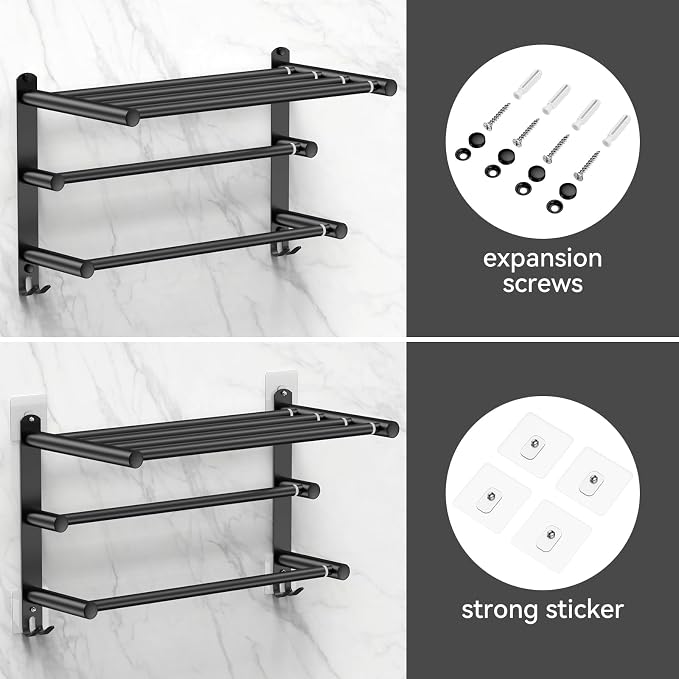CAXIMSY Black Adjustable Towel Bar for Bathroom Wall Mount17-30.7inch Adhesive Shower Towel Rack Stainless Steel Bath Towel Holders for Toilet Kitchen Double Towel Hanger (Black 3-Layer Towel Rack)