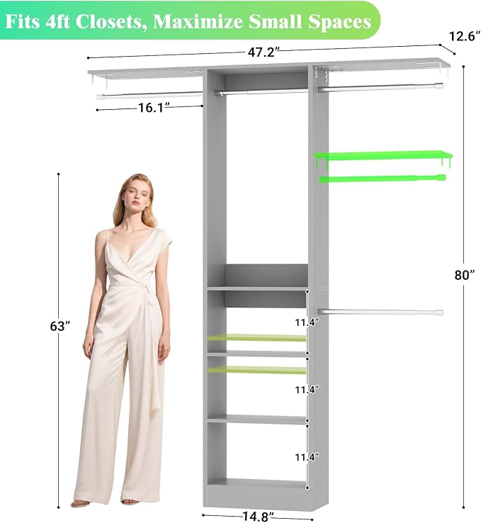 Besiost 48" Closet Organizer System, 4FT Closet System for Small Closets with 4 Hanging Rods & 3 Shelves, 80"H Small Closet Organizers and Storage for Bedrooms, Cloakrooms, Gray