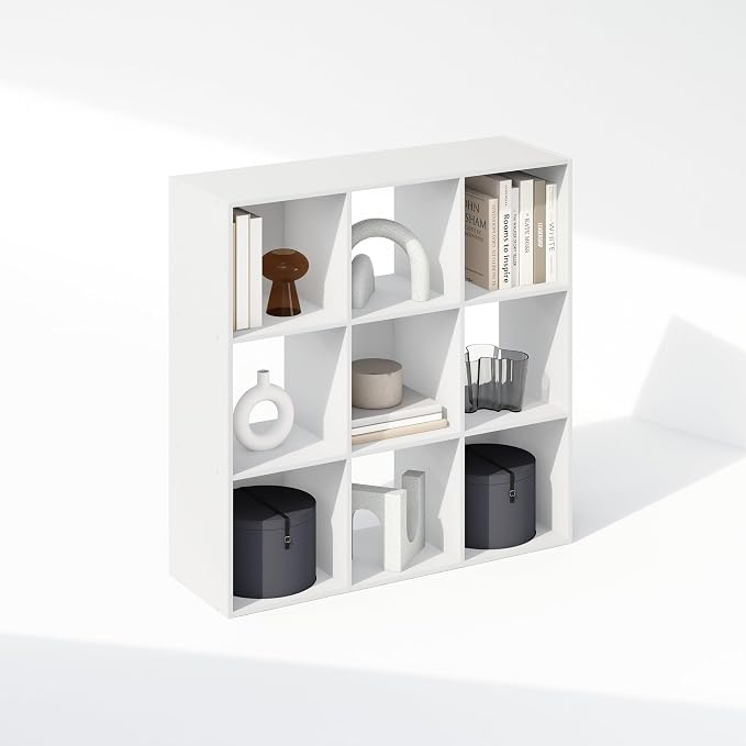 Furinno PELLI Book Shelf, 9-Cube Bookshelf, 3x3 Cube Storage Organizer Bookcase, 11.7 x 35.3 x 35.4, for Living Room, Bedroom, Home Office, White
