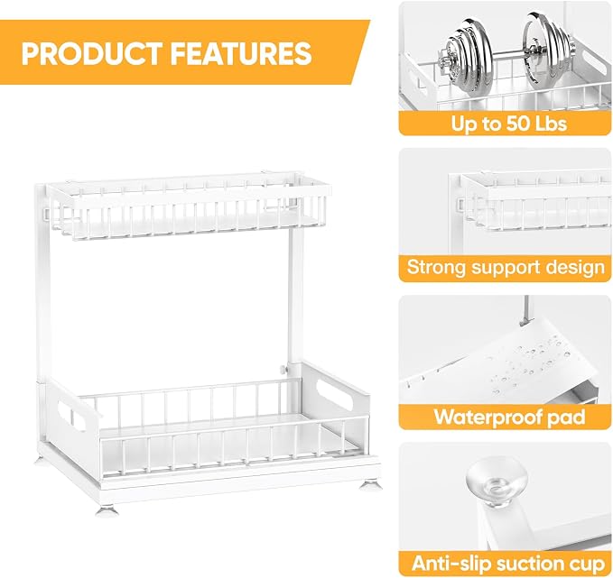 Saydear L-Shaped Under Sink Organizer, 2-Tier Pull-out Cabinet Rack 1-Pack | White Height-Adjustable Steel Rack, Sliding Grid Drawers with PP Liners, Holds 100 Lbs, Suction Base, Ideal Kitchen Storage