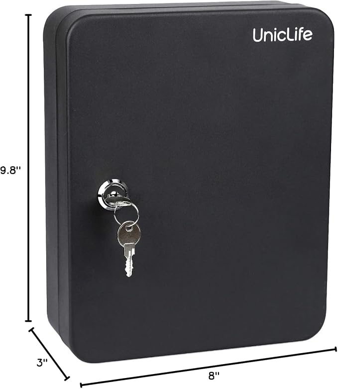 Uniclife 48-Key Steel Key Cabinet with 2 Unlocking Keys Wall Mounted Key Organizer Black Frosted Security Box with Hooks and Key Tag Labels Identifiers in 9 Assorted Colors