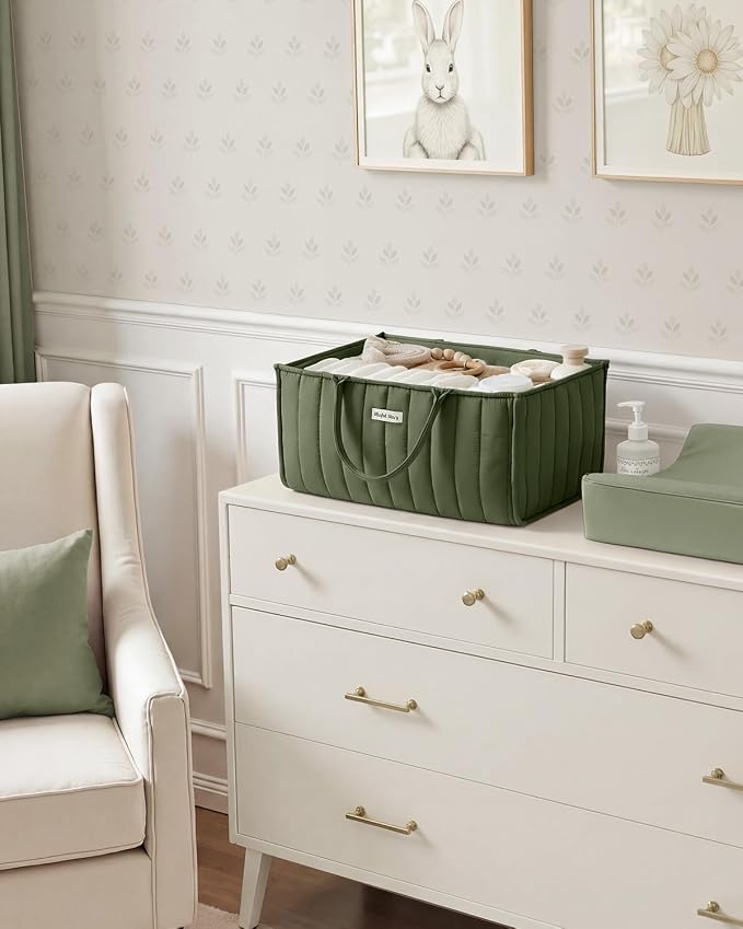 Blissful Diary Baby Diaper Caddy Organizer, Stylish Storage Basket for Newborn Essentials and Diaper Station, Gift for Baby Shower and Registry Must-Have, Deep Green