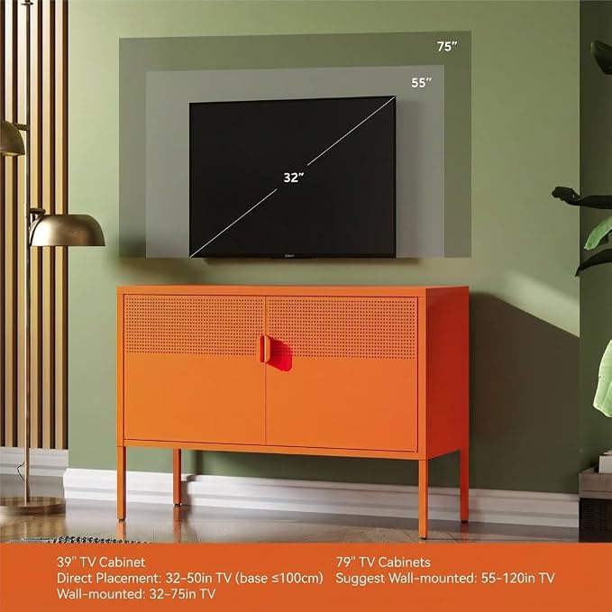 COFaR TV Stand for TVs up to 75 Inch, 40''L Media Console with Ventilation Doors, Metal Entertainment Center with Adjustable Shelves & 120Lbs Storage for Living Room & Bedroom, Orange