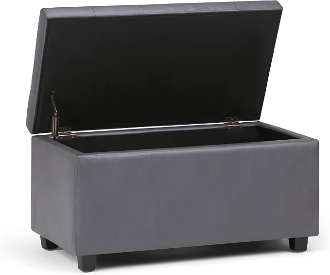 SIMPLIHOME Cosmopolitan 34" Wide Vegan Leather Storage Ottoman in Brown | Stone grey, transitional storage ottoman with tufting and lift-up lid; rectangle storage bench for living room or entryway.