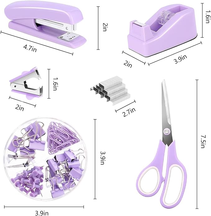 Office Supplies,Purple Desk Accessories,Desk Organizer,Phone Stand,Scissors,Stapler,Tape Dispenser,Binder clips,Staples,staple remover,Sticky Notes,Index Tabs,Clear Tape,Mini Box Cutter,Cool Pen.16pcs