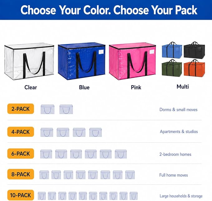ClearSpace Heavy Duty Moving Bags or Storage Bag – Large Moving Boxes with Backpack Straps, Zippers & Handles – Perfect for Moving, College Dorm, Traveling, Camping, Christmas Decorations, 6 Pack