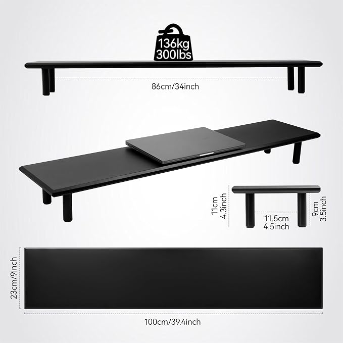Bamboo Dual Monitor Stand Riser, Black Desk Shelf with Storage | 39.37-Inch Wide, 3.5-Inch Clearance, Fits Keyboards, Soundbars and Two 24-Inch Monitors for Home Office