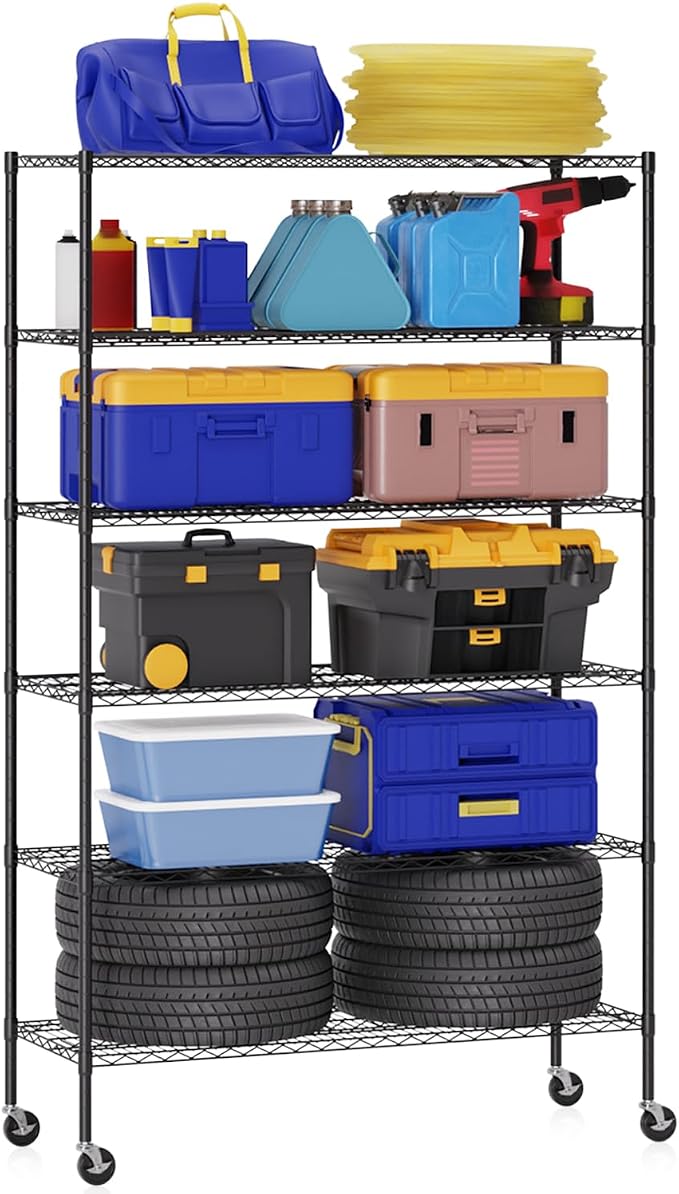BestOffice | 6-Tier Wire Shelf with Wheels | 48" x 18" x 77" | Black | Storage Shelves with Adjustable Racks, Holds upto 600 lbs | Rust-Resistant, No-Tool Assembly | For Home, Garage