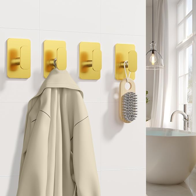 Large Heavy Duty Wall Hooks - 26lb Max, Stainless Steel Adhesive Towel Hooks for Hanging Towel, Coat, Robe, Hat, Sticky Towel Holder for Wall Mount in Bathroom, Shower, Kitchen (Gold, 4 Pack)