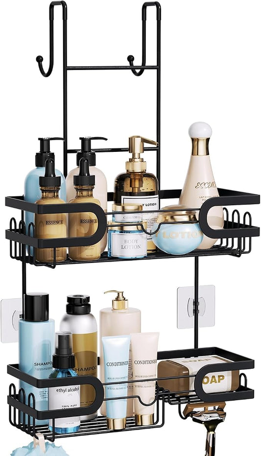 HapiRm Hanging Shower Caddy Over the Door with 14 Hooks and Soap Holder, No Drilling Adhesive Shower Storage, Rustproof & Waterproof Stainless Steel Bathroom Shelves - Black