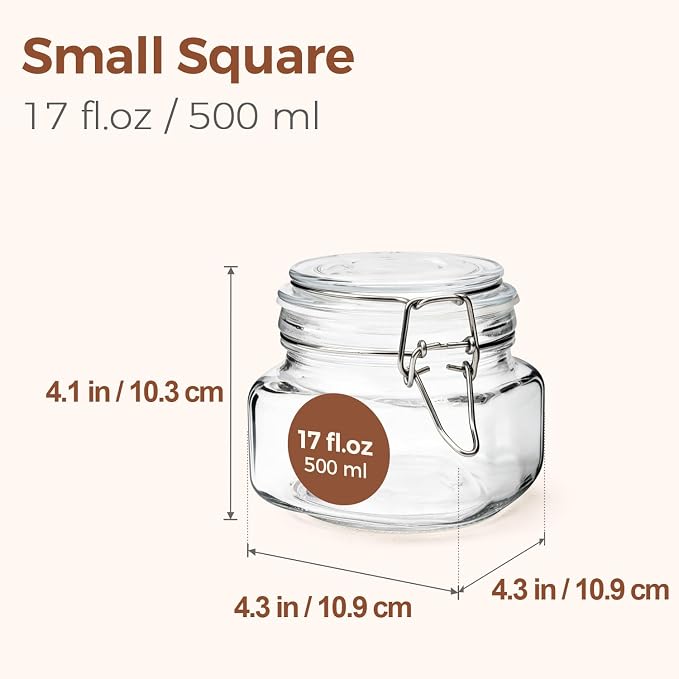 ComSaf Square Small 17 oz Glass Jars with Airtight Lids 6 Pack Wide Mouth | Overnight oats, Jam pickling, Spice storage, Gift jars, Sourdough pickling, Pantry organization, Jam jelly honey, Snacks