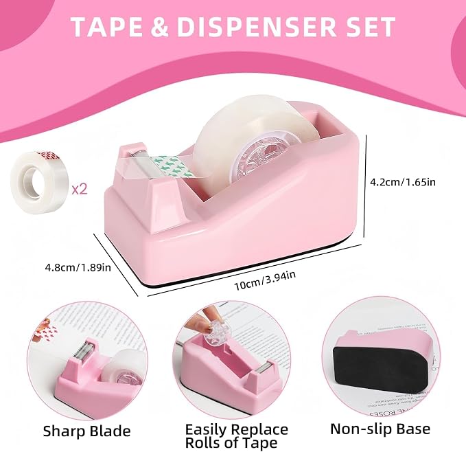 Pink Office Desk Accessories, 15pcs Office Supplies 360°Pen Holder , Stapler, Staple Remover, Tape Dispenser,Tape Refills, Binder Paper Clips Kit, Scissor, Cute Desk Accessories for Women Gift Set