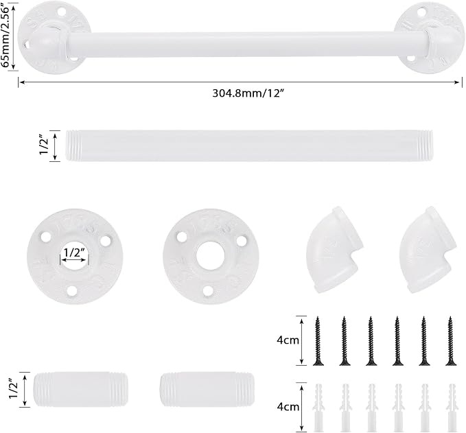 Industrial Pipe Towel Rack Towel Bar, Heavy Duty Wall Mounted Rustic Farmhouse Bath Towel Holder for Bathroom (White, 12 inch)