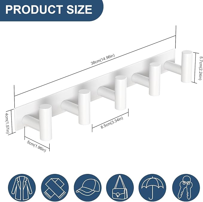 PMMASTO Stainless Steel Coat Rack Wall Mounted, Heavy Duty Metal Hook Rail for Hanging Coats Hats Towels Robes Bags, Modern Wall Hooks Organizer (White, 5 "T Hooks, 2PACK)