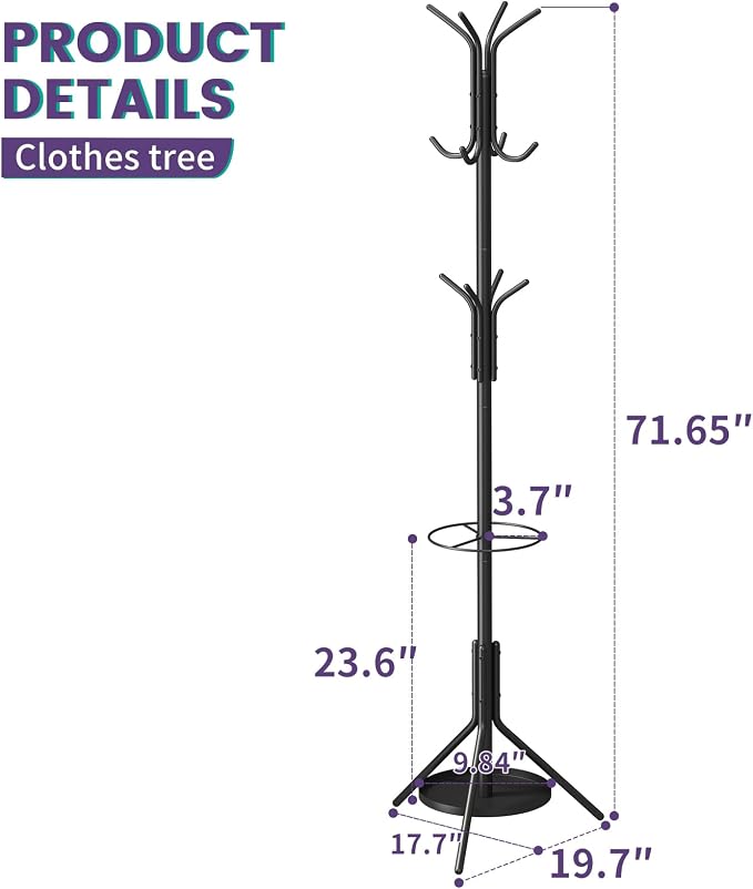 Coat Rack Freestanding,Entryway Hanger Stand,Umbrella Holder,Hall Tree With 12 Hooks, Floor Standing Metal Tree Stand,Black