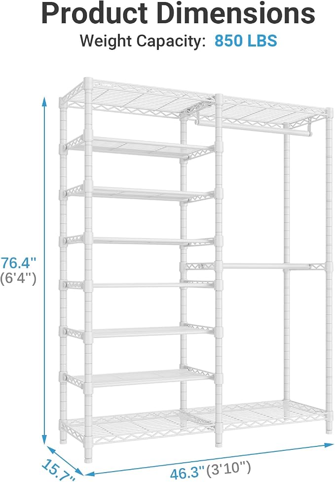 VIPEK S2 8-Tier Shoe Rack with Hanging Rods, Heavy Duty Garment Rack, White | Freestanding Clothing Rack with 2 Hanging Rods, Adjustable Shelves, Heavy Duty Walk-In Closet Organizer for Entryway/Bedroom