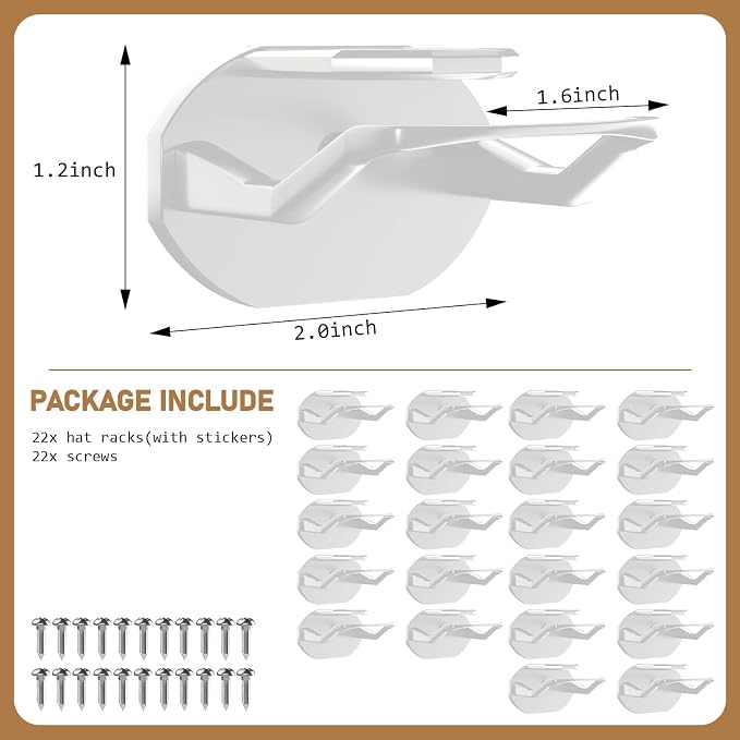 Niunuerga 22 Pack Hat Hooks for Wall, Strong Adhesive Hat Rack for Baseball Caps, Minimalist Hat Organizer Display for Home Decor, Hat Hold Hanger for Wall, Door, Closet, No Drilling (White)