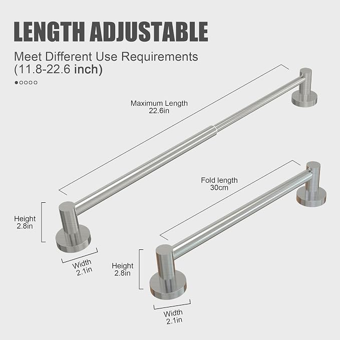 Towel Bar - Adjustable 304 Stainless Steel Towel Holder for Bathroom | Sturdy and Rustproof Wall Mounted Towel Rack for Bathroom Accessories(11.8inch-22.6inch) , Silver