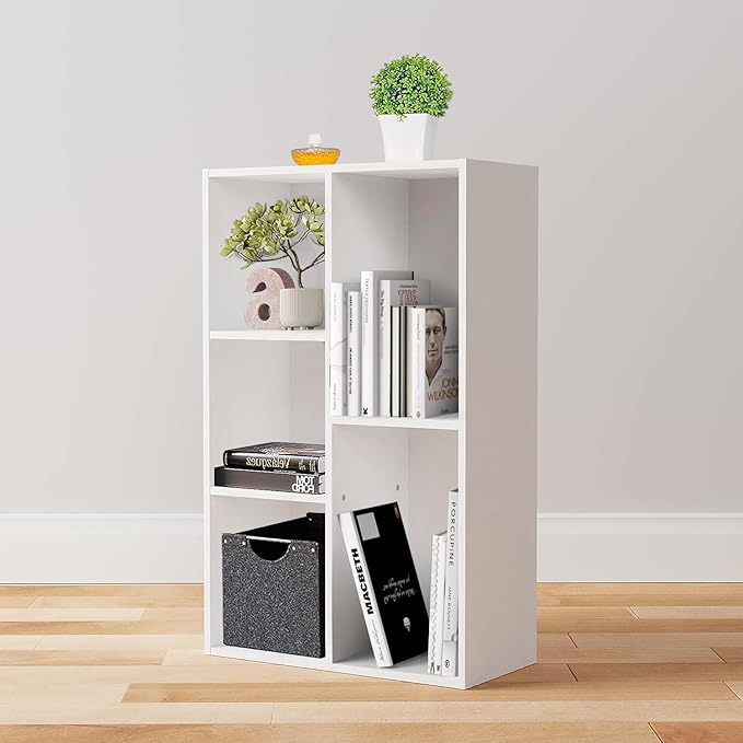 Amazon Basics 5 Cube Storage Organizer Bookcase, Sturdy Shelves for Books and Collectibles, White, 9.25"D x 19.49"W x 31.5"H | Storage Shelves