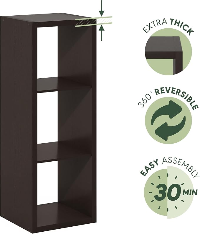 Furinno Cubicle 3-Cube Book Shelf, Extra Thick Frame Bookshelf, Dark Oak | Horizontally & Vertically Reversible Bookcase with Open Back, 14.6" x 16" x 44", for Living Room, Bedroom, Home Office